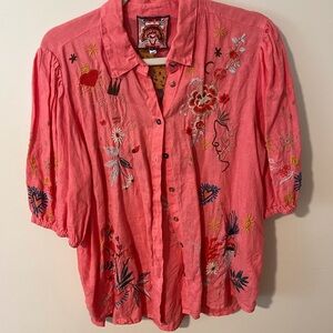 Johnny Was Pink Embroidered Shirt